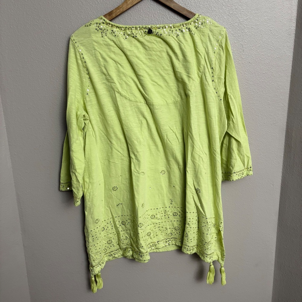 Soft Surroundings Tunic XL Lime Green Sequin Boho Tassel Top - Picture 4 of 7
